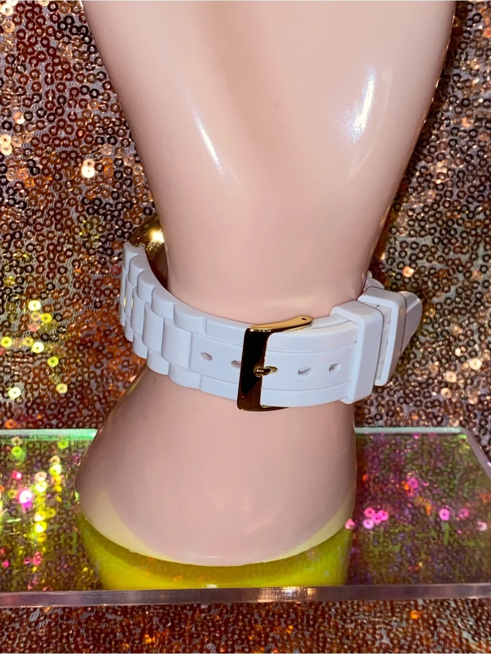 Guess G by Guess White & Gold Crystal Accent Watch | Silicone Strap | Fresh Luxe